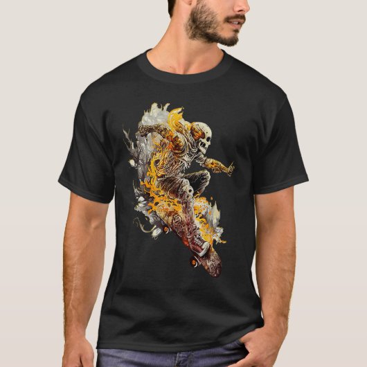 T-shirt Cool Skateboarding Skeleton with Flames Fun Skateb (Devant)