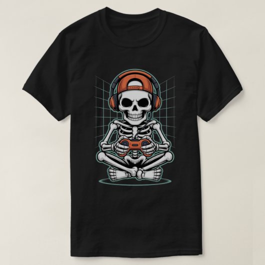 T-shirt Cool Skeleton Gamer avec casque et contrôleur (Design devant)