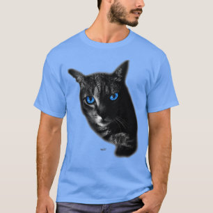 T-shirt Cool tabby cat face with blue eyes on black 