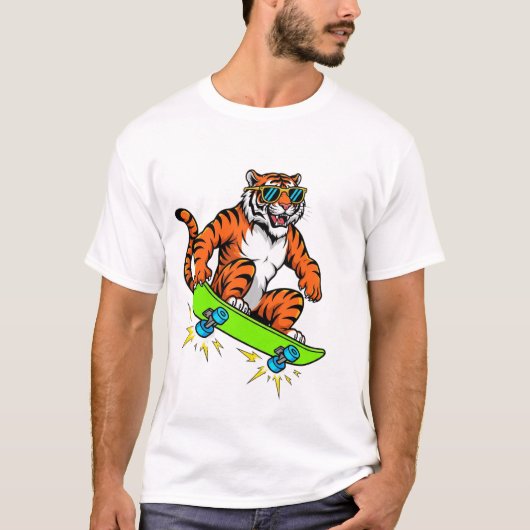 T-shirt Cool Tiger on Skateboard – Retro Street Style Cart (Devant)