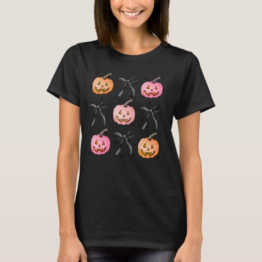 T-shirt Coquette Bow Citrouille Jack-o'-lantern saison Éff (Devant)