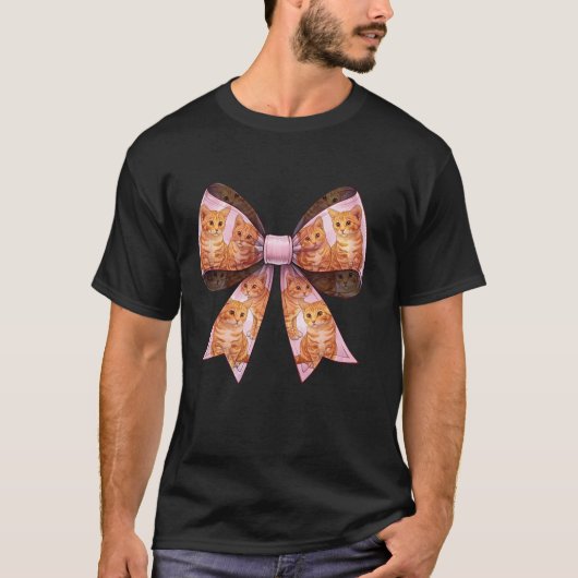 T-shirt Coquette Bow Orange Chat Tabby Chat Motif Cute Rib (Devant)