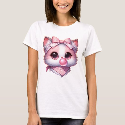 T-shirt Coquette Chat Pink Bow Ruban Bandanna Buble Gum (Devant)