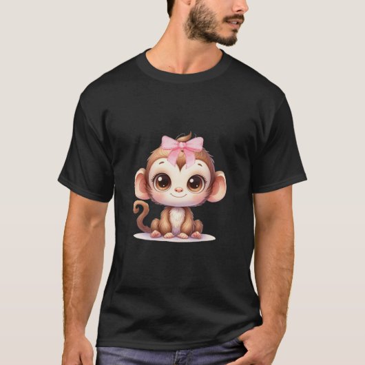 T-shirt Coquette Monkey Lover Bow Simple Rose mignonne Gir (Devant)