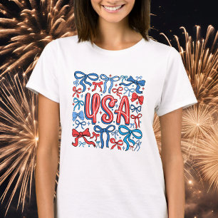 T-shirt Coquette Patriotique USA avec Rubans et Étoiles Am