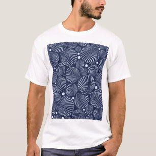 T-shirt Coquillages bleus, motif de mer d'été.