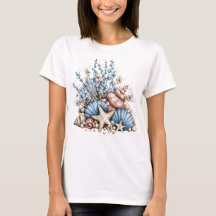 T-SHIRT COQUILLES ET PLANTES TROPICALES ROUGE BLANC BLEU