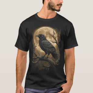 T-shirt Corbeau Rose Lune Écran Noir Gothique Épeurant