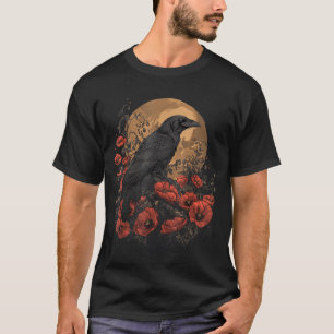 T-shirt Corbeau Rose Lune Écran Noir Gothique Épouvantable