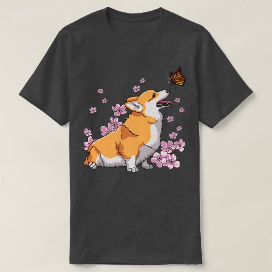 T-shirt Corgi avec papillon Japonais Sakura Cherry Blosso (Design devant)