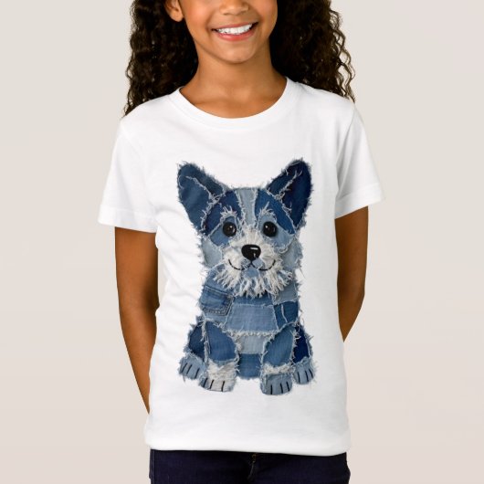 T-Shirt Corgi Chien Patchwork en Denim (Devant)