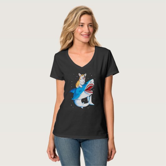 T-shirt Corgi équitation requin Jawsome Chien Espace Galax (Devant entier)
