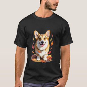 T-shirt Corgi Heureux avec Motif de Feuilles d'Automne pou