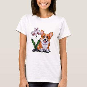 T-shirt Corgi mignon avec orchidée