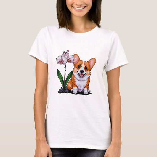 T-shirt Corgi mignon avec orchidée (Devant)