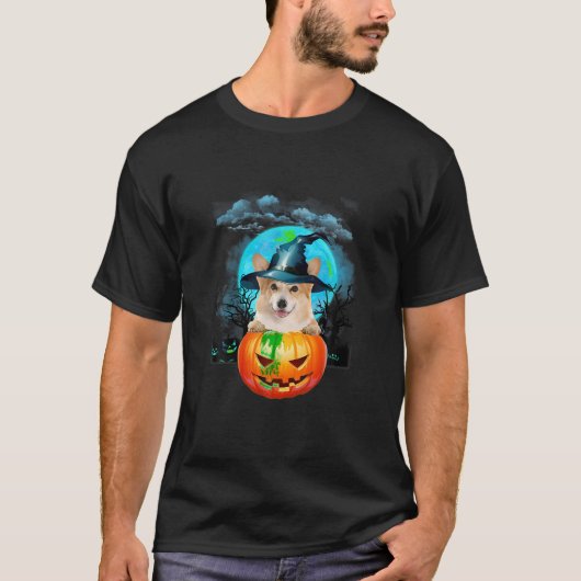 T-shirt Corgi Sorcière Casquette Citrouille Et Lune Bleue  (Devant)