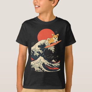 T-shirt Corgi surfant sur une vague japonaise _1