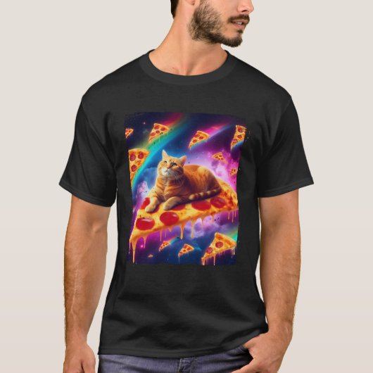 T-shirt Cosmic Ginger Cat Sailing Pizza Slice In The Rainb (Devant)