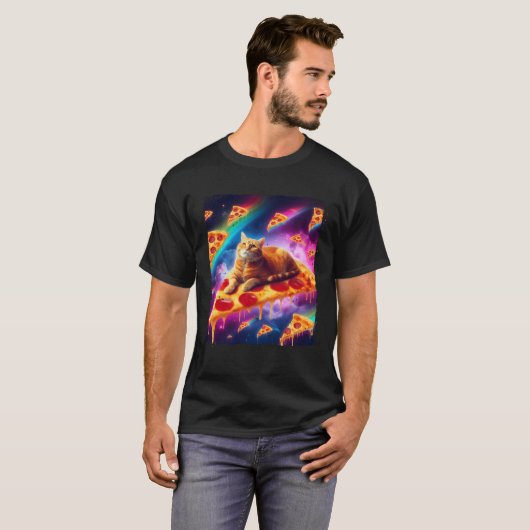 T-shirt Cosmic Ginger Cat Sailing Pizza Slice In The Rainb (Devant entier)