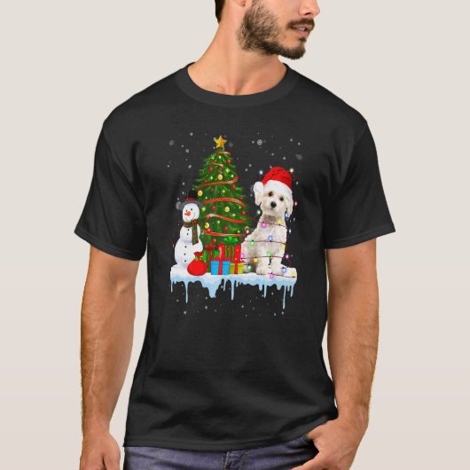 T-shirt Costume Chien Maltais Père Noël Éclairage Casquett (Devant)