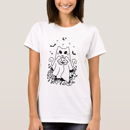 T-shirt Costume Fleurs Fantômes Halloween Chat (Devant)