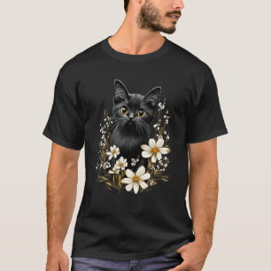 T-shirt Cottagecore Fleurs Amoureux de les chats noires Fe