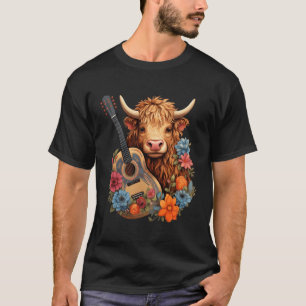 T-shirt Cottagecore Highland Vache Avec Guitare Acoustique