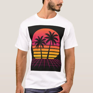 T-shirt coucher de soleil de néon avec palmiers