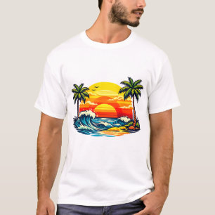 T-shirt Coucher de soleil estival vintage Palmiers Vagues