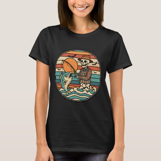 T-shirt Coucher de soleil squelette pêche drôle Halloween (Devant)