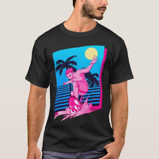 T-shirt Coucher de soleil Synthwave Surfeur Palmiers Surf (Devant)