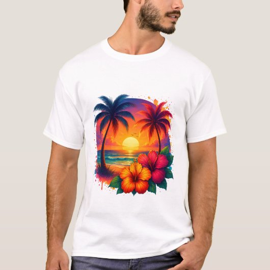 T-shirt Coucher de soleil tropical avec palmiers et Hibisc (Devant)
