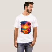 T-shirt Coucher de soleil tropical avec palmiers et Hibisc (Devant entier)