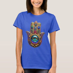 T-shirt Couleurs de Paon Doré Hamsa Saphir Vert Troisième