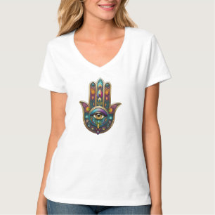 T-shirt Couleurs de paon Hamsa avec troisième œil en or