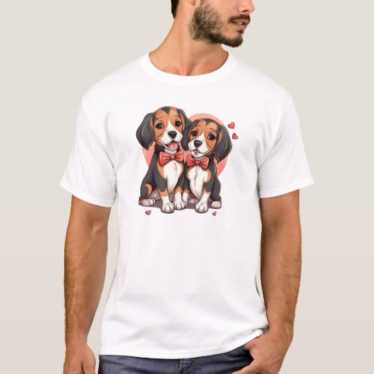 T-shirt Couple Beagle mignon avec Cravates roux (Devant)