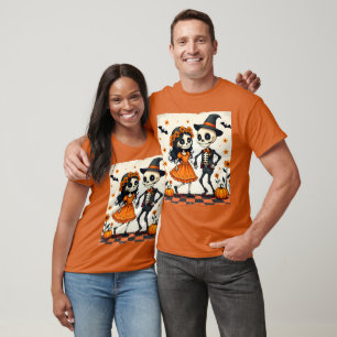 T-shirt Couple de squelette d'Halloween mignon en orange