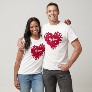 T-shirt Couple Valentine's Custom Heart Rose Pétales Blanc