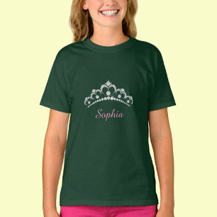 T-shirt Couronne de diamant blanc, nom en écriture rose