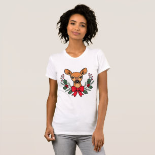 T-shirt Couronne de houx au renne Noël hiver animal ruban