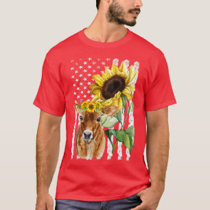 T-shirt Cow Cow Cow Drapeau américain Chemise Cow Sunflowe