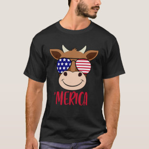 T-shirt Cow Face 4 juillet USA Lunettes de soleil Drapeau