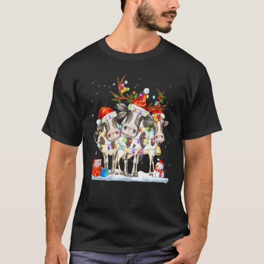 T-shirt Cow Reindeer Hat Santa Christmas Lights Cow Chris (Devant)