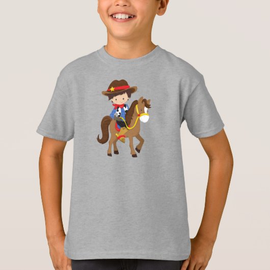 T-shirt Cowboy, Sheriff, Cheval, Occident, Cheveux Brown (Devant)