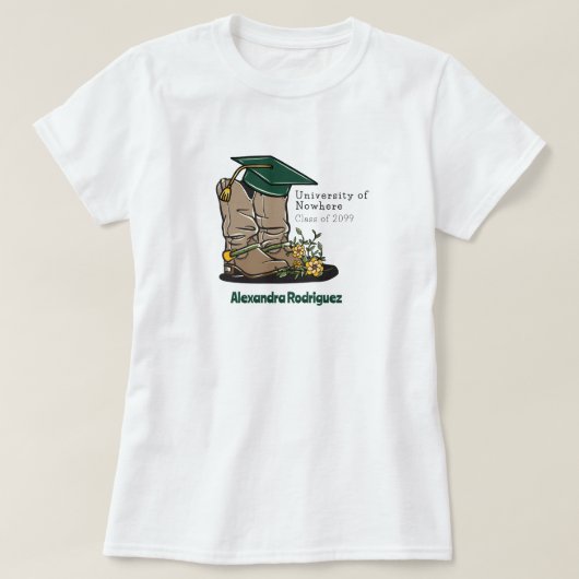 T-shirt Cowboy Vert foncé Boot Graduation Cap & Fleurs (Design devant)