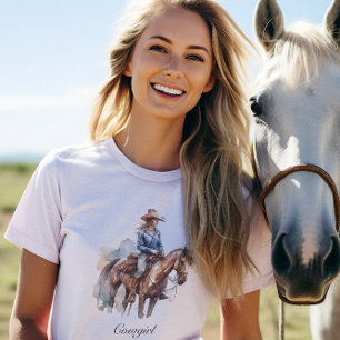 T-shirt Cowgirl Brunette à l'aquarelle occidentale, person