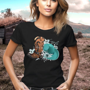T-shirt Cowgirl cowboy bottes casquette turquoise nom brun