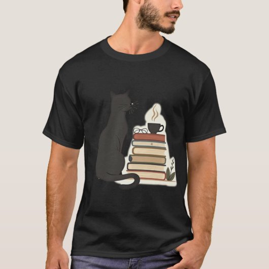 T-shirt Cozy Black Cat Book Lover Coffee and Reading (Devant)
