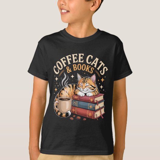 T-shirt Cozy Reading Cat Coffee And Books Lover Artwork (Devant)