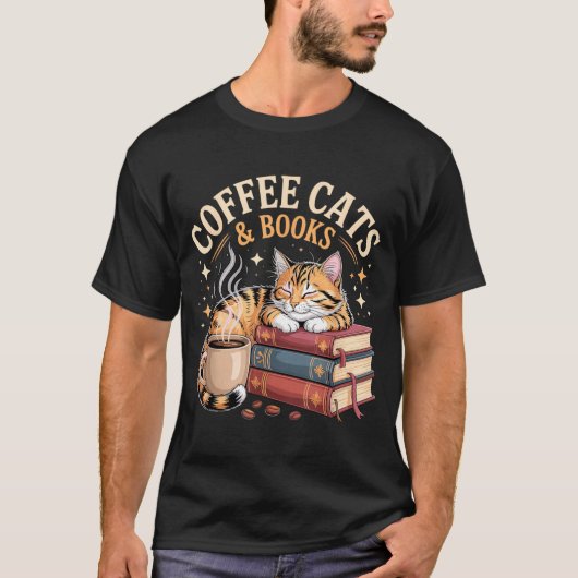 T-shirt Cozy Reading Cat Coffee And Books Lover Artwork (Devant)
